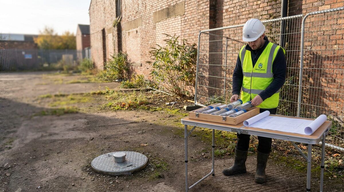 Ground investigation specialist reviewing sample tubes and a site plan at a former industrial plot