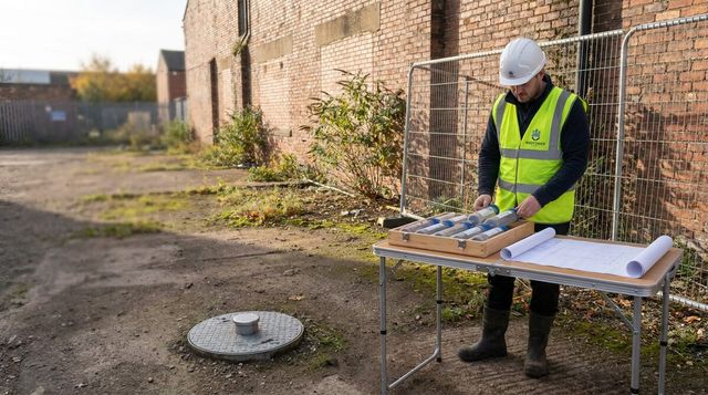 Ground investigation specialist reviewing sample tubes and a site plan at a former industrial plot