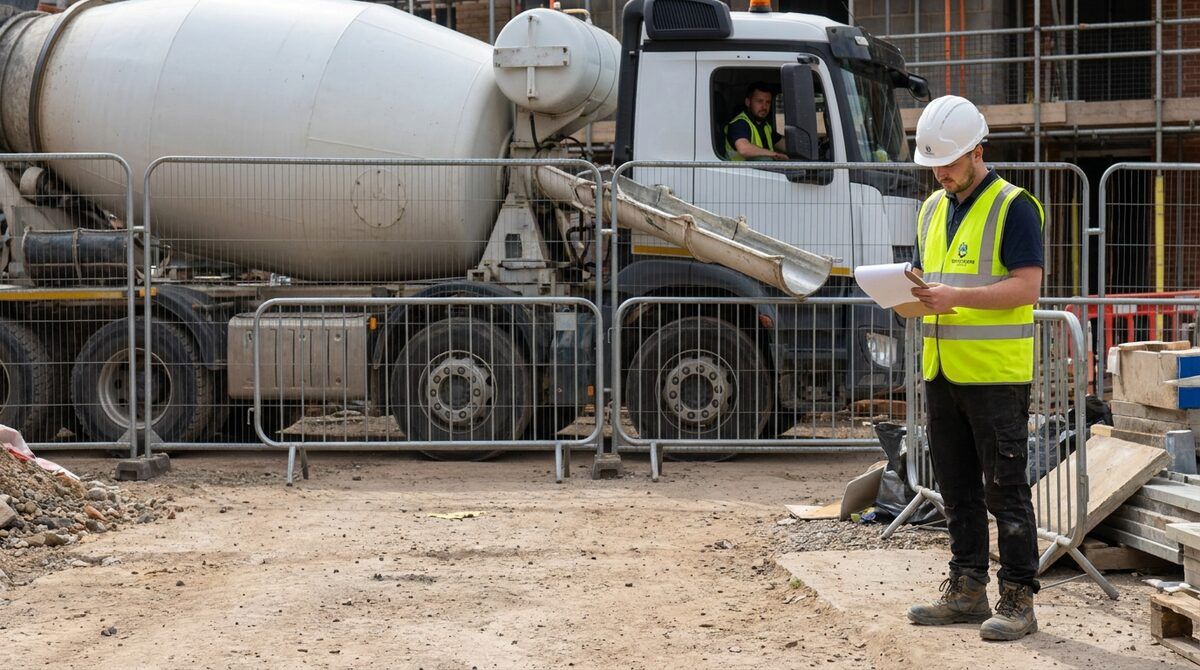 Site engineer comparing delivery paperwork while a concrete mixer waits in a segregated holding area