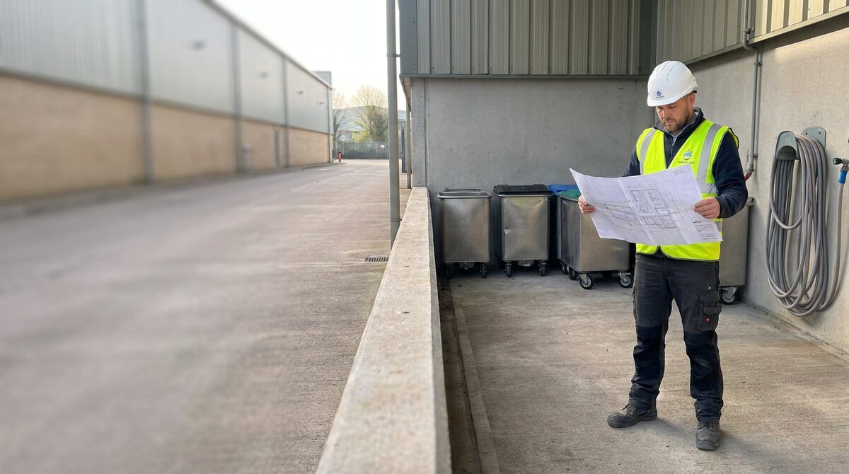 Technician reviewing a drainage plan beside an external wash area with stainless bins and a reeled hose