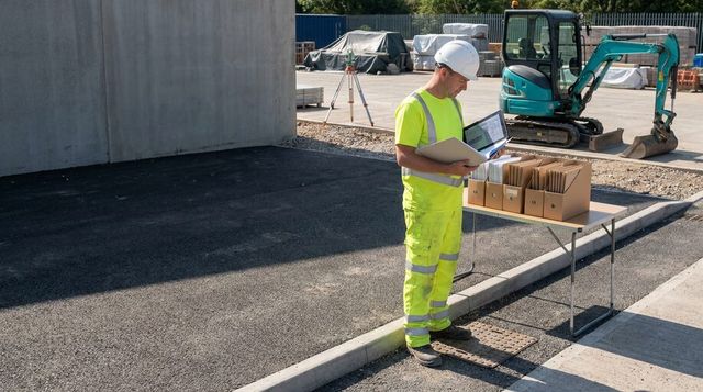 Site engineer checking groundworks handover records beside completed drainage and external works