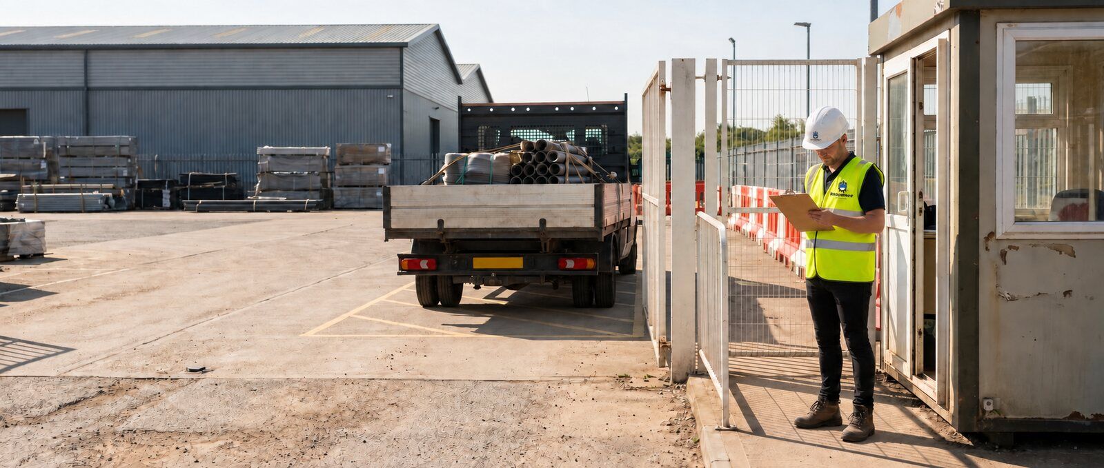 Stationary flatbed beside a gated site cabin while a coordinator stands behind a pedestrian barrier