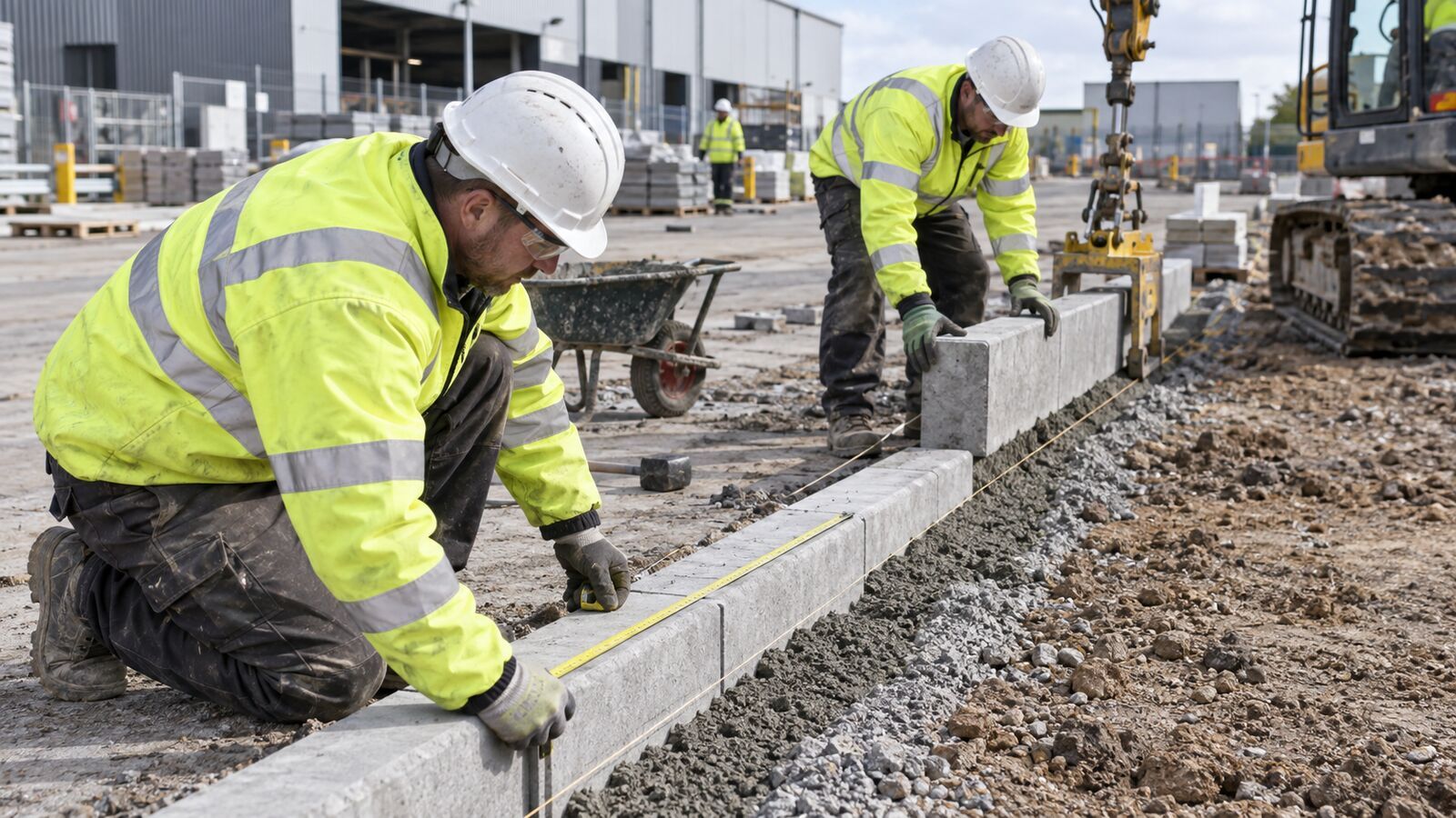Groundworkers measure and set a straight concrete kerb line on an industrial site