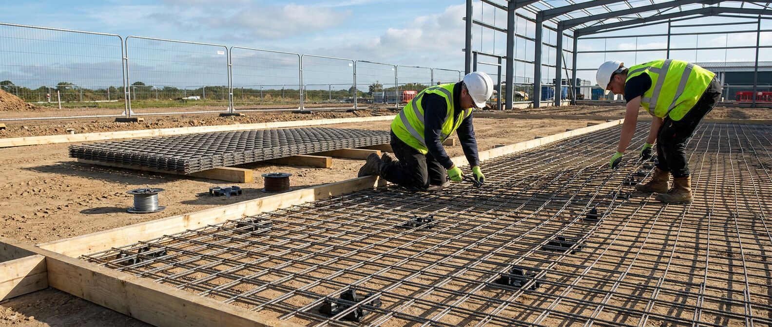 Steel fixers laying welded reinforcement mesh on spacers before a UK industrial floor slab pour