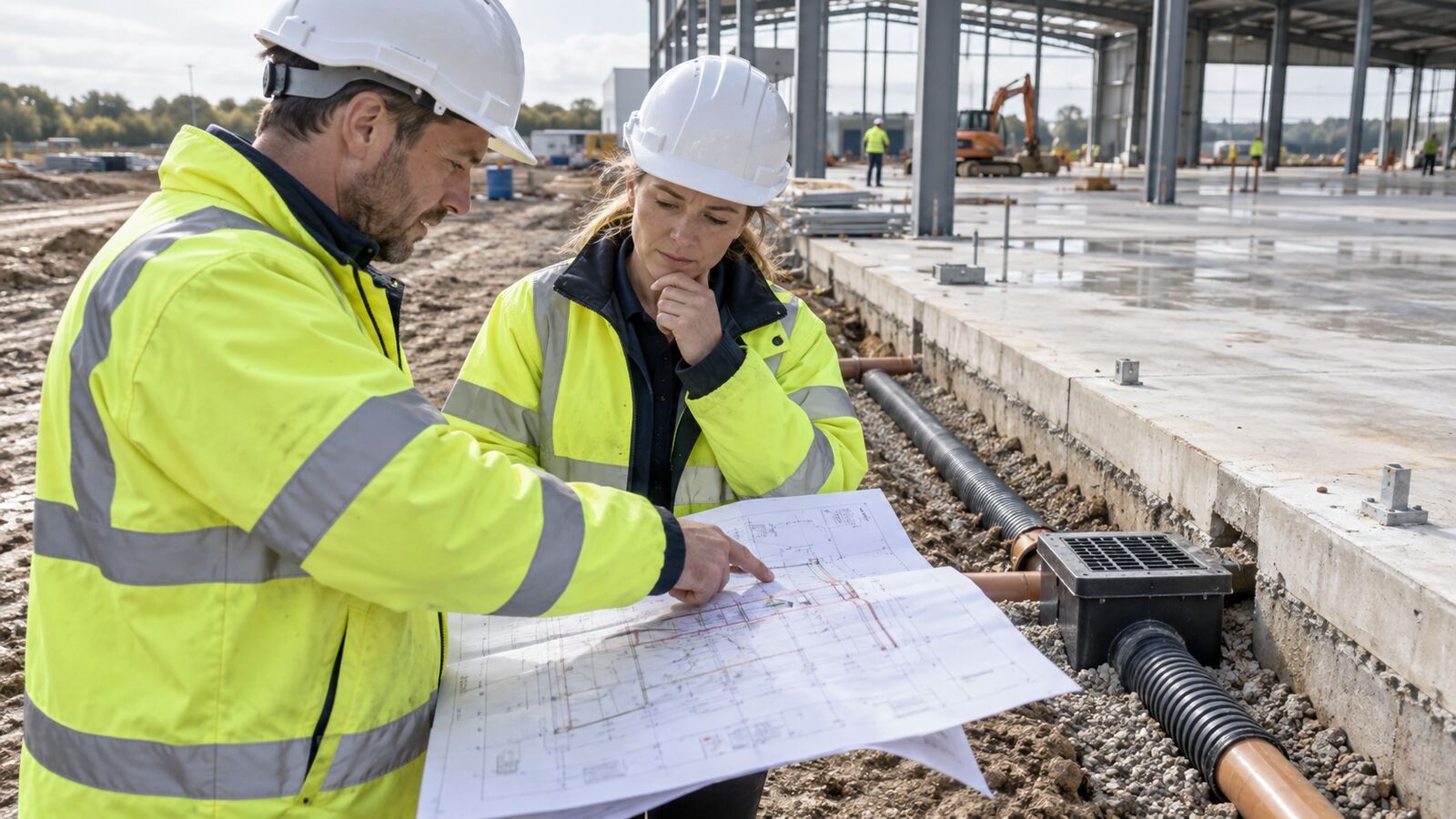 Two site engineers review a drainage drawing beside an industrial construction work area