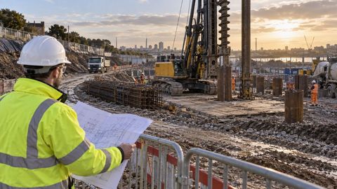 Piling rig working on an industrial site as an engineer reviews the package drawings