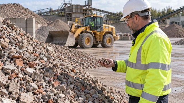 Supervisor examines crushed concrete and brick aggregate beside a loader at a processing yard