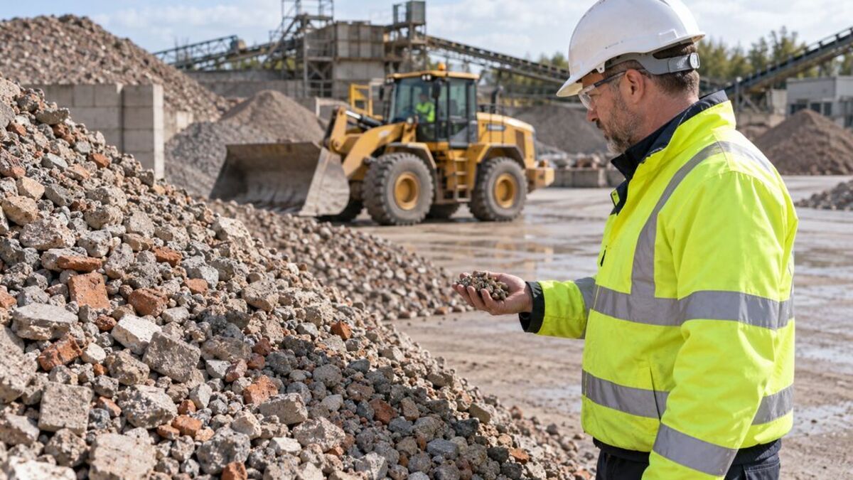 Supervisor examines crushed concrete and brick aggregate beside a loader at a processing yard