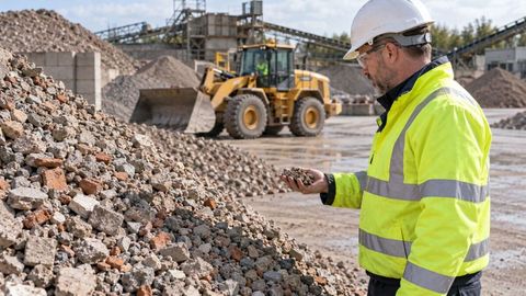 Supervisor examines crushed concrete and brick aggregate beside a loader at a processing yard