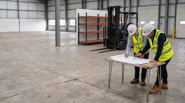 Two people reviewing a warehouse floor plan beside a parked forklift inside a UK unit