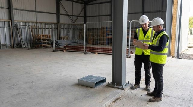 Site team reviewing a drawing beside a steel column base inside a warehouse shell